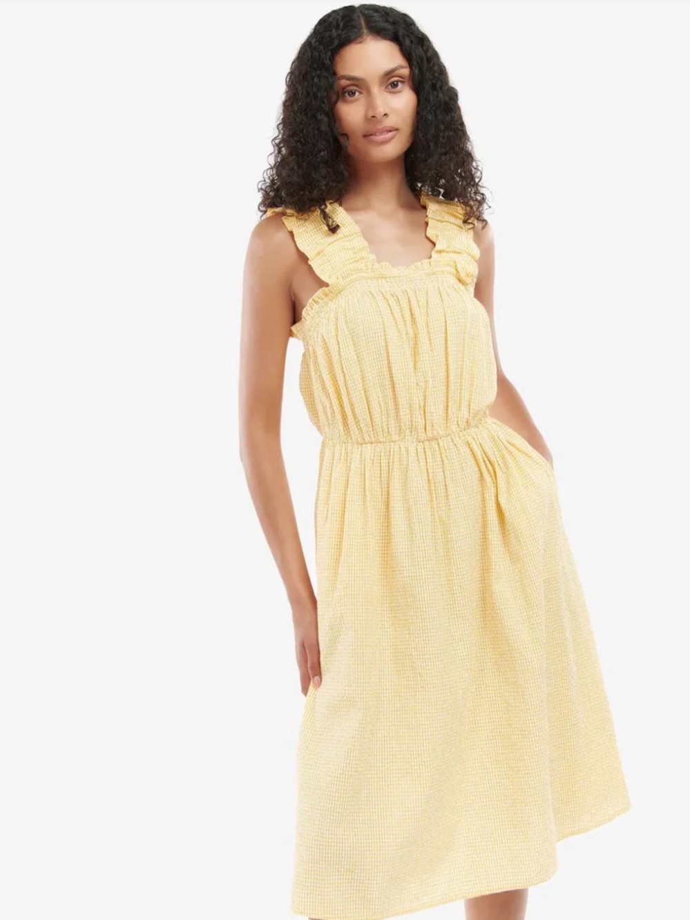 Barbour Yellow Ruffle Strap Seersucker Cotton Midi Dress
